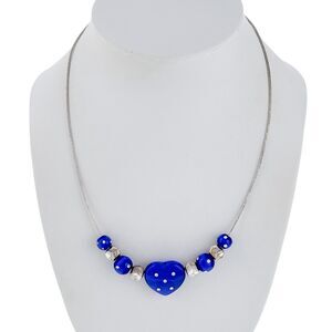 Vintage Italy Sterling Silver 925 Blue Glass Polka Dot Heart Necklace 18"